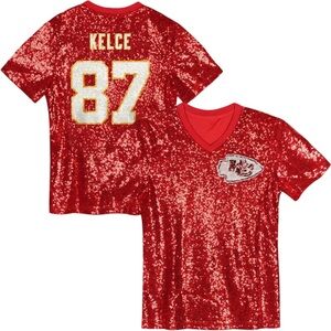 NFL Juniors Women Red Sequin Kansas City Chiefs Kelce Jersey NWOT Size Large